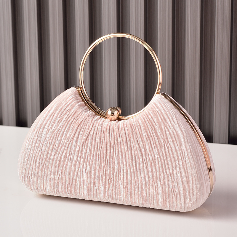 Nuevo bolso de fiesta de terciopelo transfronterizo, bolso de cena portátil con anillo de metal, vestido de fiesta plateado arrugado, bolso de cadena, bolso femenino