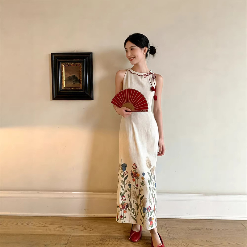 Original Design Printed Sleeveless Dress for Women, Summer Style, Slimming Sleeveless Long Dress with Detachable Red Flowers
