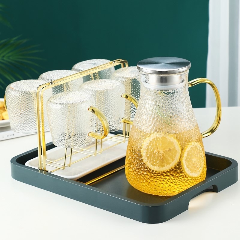 冷水壺玻璃輕奢涼水杯家用防摔錘紋耐高溫茶壺大容量涼水壺套裝
