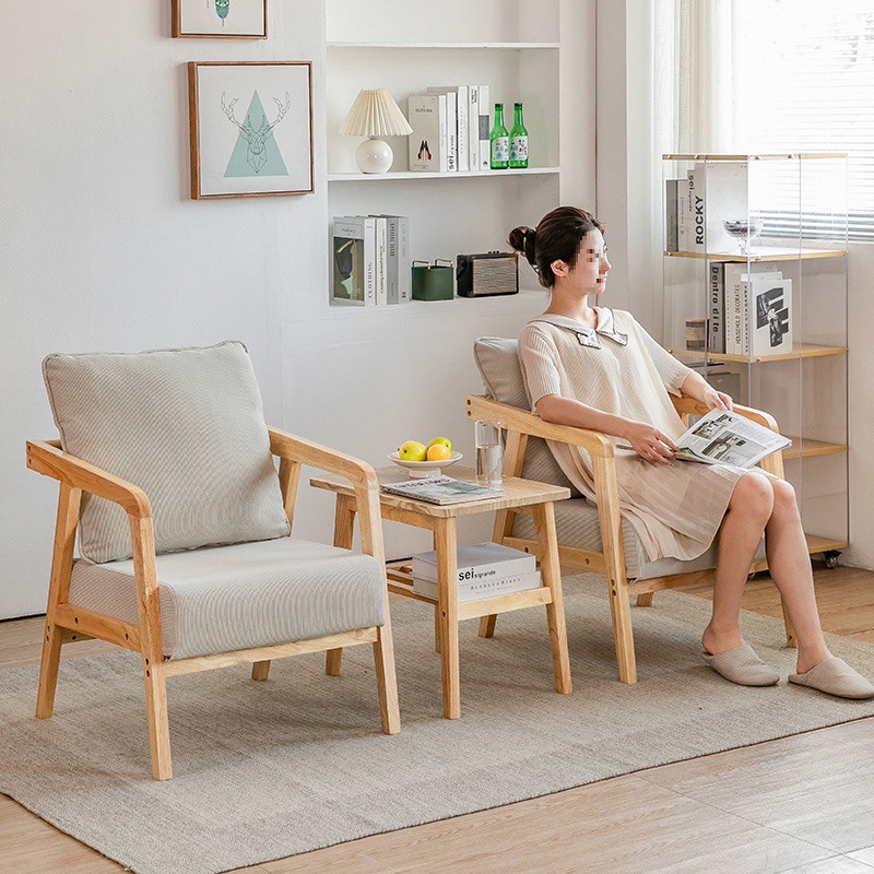 阳台布艺小户型单人位经济型北欧实木椅子现代简约整装日式沙发椅