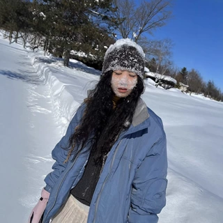 现货 韩国小众设计noconte*t蓝色棉服韩系宽松落肩袖防水夹克外套