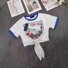 D家复古配色圆领海景牡丹花针织上衣2024女士腰部系带短袖棉T恤