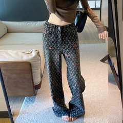 高级感时尚印花牛仔裤女秋季新款高腰显瘦宽松百搭休闲阔腿长裤