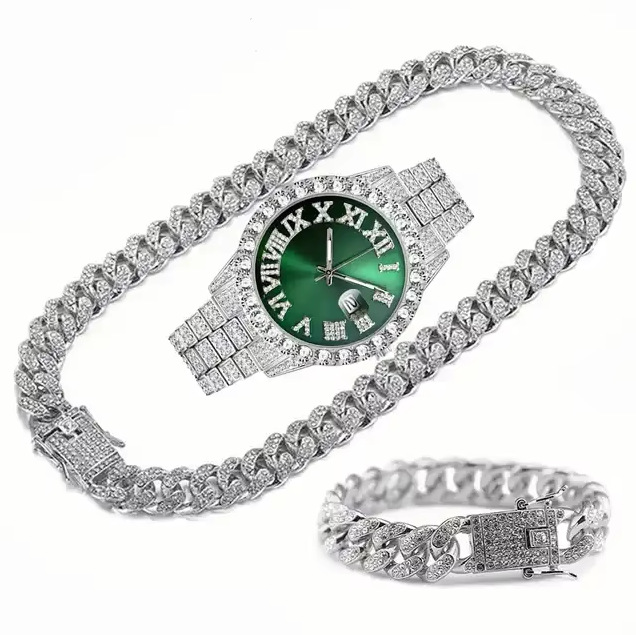 European and American Luxury New Fashion Diamond Hip-Hop European and American Style Large Dial Quartz Watch Set 3Pcs/Set