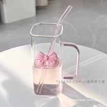 透明简约方形水杯女ins风带把手玻璃吸管杯子耐高温咖啡牛奶杯