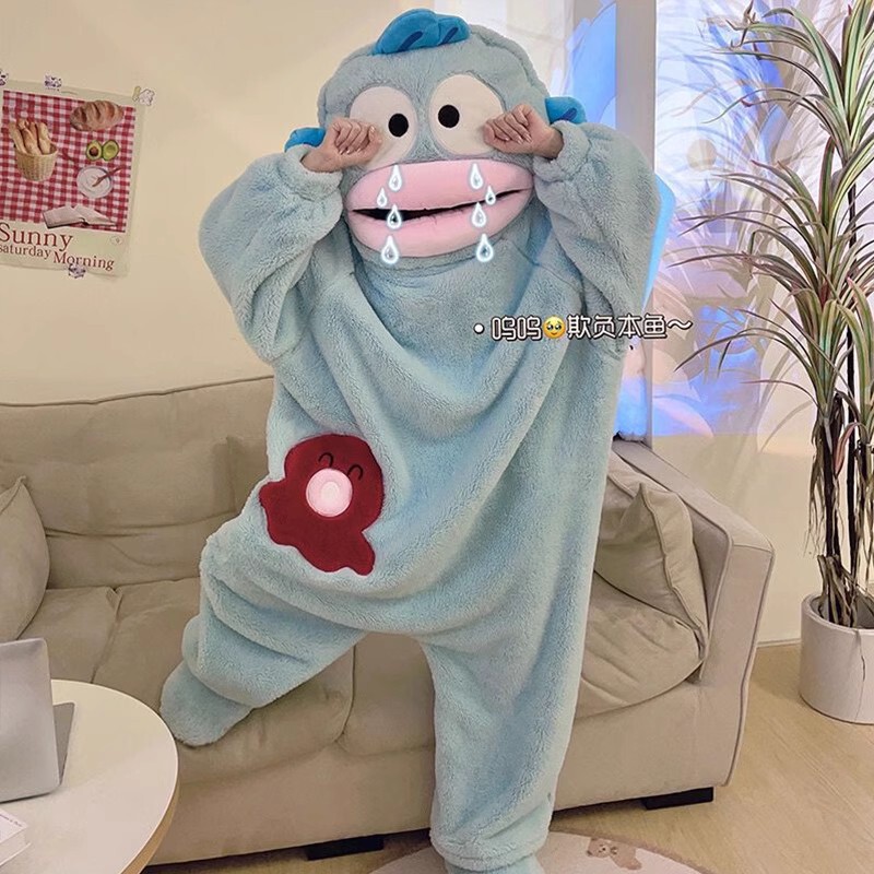 Cartoon Clown Fish Funny Coral Velvet Pajamas One-Piece Autumn and Winter Fleece-Lined Hooded Sand Sculpture Cute Nightgown Home Clothes