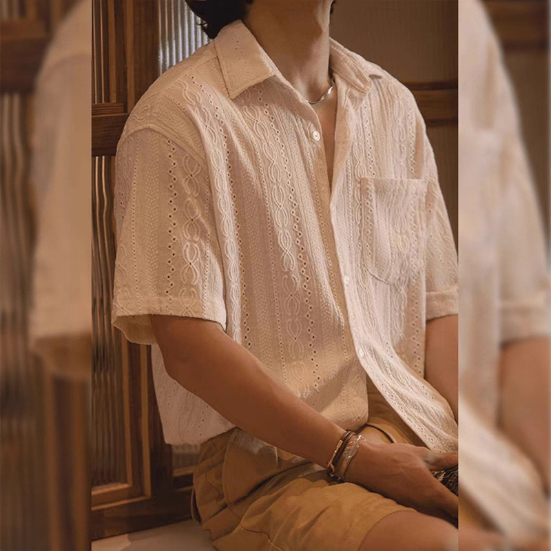 Italian Hollow Jacquard Knitted Shirt Men's Textured Loose Short-Sleeved Old Money Style Textured Embossed Embroidered Shirt Trendy Italian Hollow Jacquard Knitted Shirt Men's Textured Loose Short-Sleeved Old Money Style Textured Embossed Embroidered Shirt Trendy