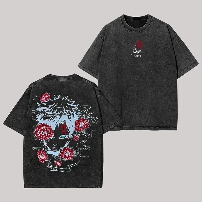 Unlicensed Naruto Cotton Anime Clothing Retro Print T-Shirt with Red Rose Graphic Gaara Character Chinese Character T-Shirt Street Style Unlicensed Naruto Cotton Anime Clothing Retro Print T-Shirt with Red Rose Graphic Gaara Character Chinese Character T-Shirt Street Style