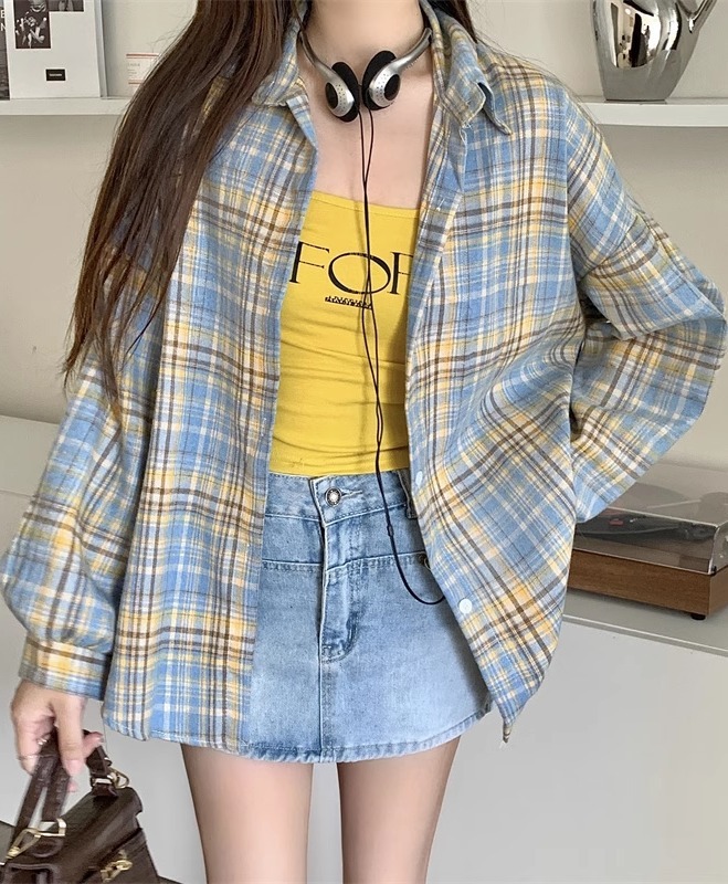 美式复古长袖格子衬衫外套女款2025新款夏款小众宽松衬衣外穿上衣|undefined