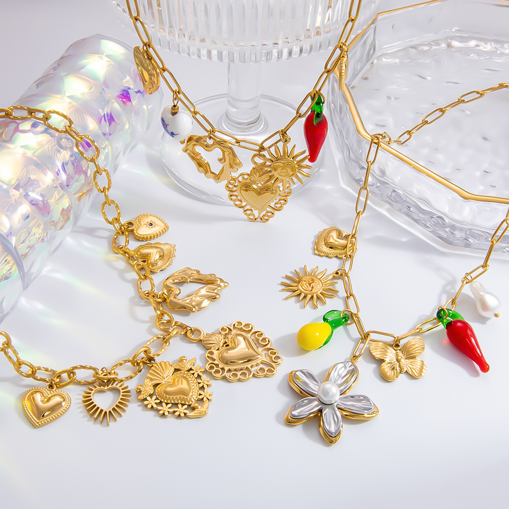 31g Weight 0.03µm-0.05µm Gold Plating Thickness PVD Coated Real Gold Plated Heart Shape 304 Stainless Steel Elegant Classic Style Streetwear Waterproof Non Tarnish 304 Stainless Steel Lobster Trigger Clasp Closure Multi Charms Necklace