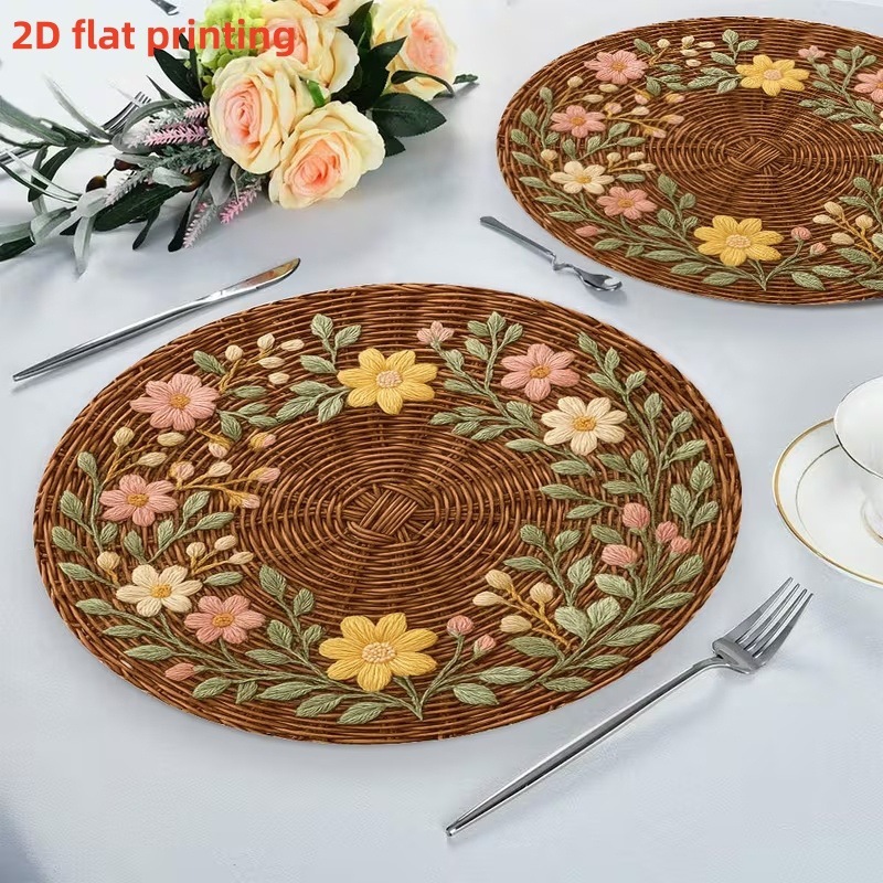 Ventas transfronterizas calientes redondas tejidas patrón de tela almohadilla de mesa, almohadilla de mesa occidental retro, impresión plana 2D