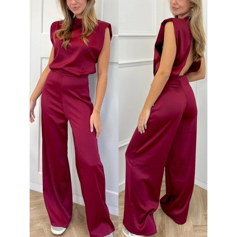 2025 Amazon Summer New European and American Women's Fashion Solid Color Stand Collar Sleeveless Loose Satin Backless Wide-Leg Jumpsuit