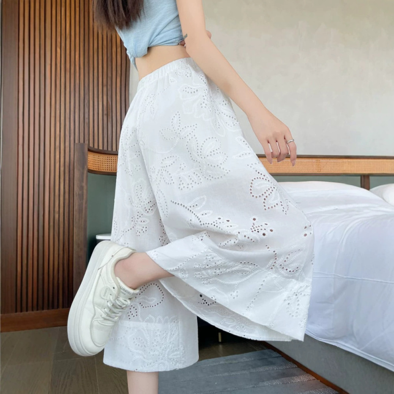White Lace Hollow-Out Casual Pants for Women, Summer Thin High-Waisted Loose Wide-Leg Pants, Petite Cropped Pants A11790