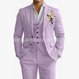 亚马逊新款外贸跨境男士西装休闲商务婚礼主持西服三件套亚麻男士