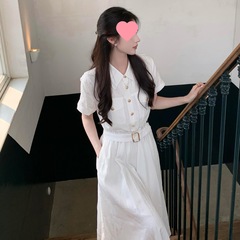 跨境白色短袖衬衫裙长裙新今年流行爆法式感连衣裙子女夏