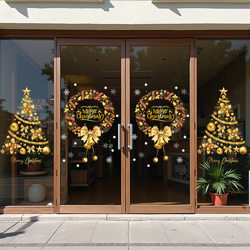 金色圣诞节装饰品静电玻璃门贴纸圣诞树花环商场橱窗贴画场景布置