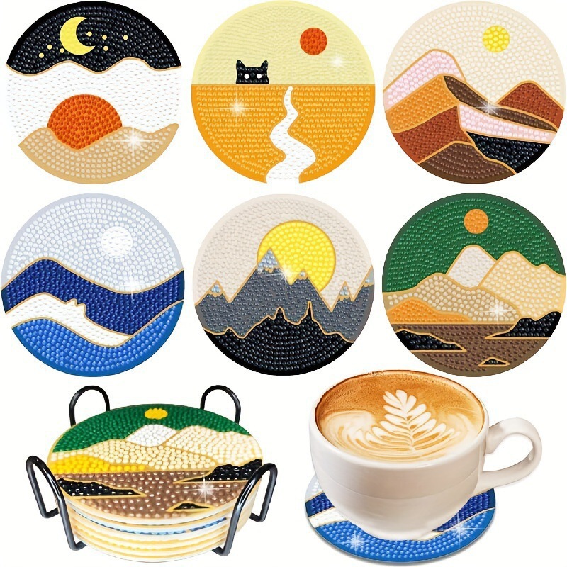 Ventas transfronterizas calientes de 8 piezas de conjunto de cojín de taza de arte de diamante, con soporte, pequeño conjunto de pintura de diamante, adecuado para adultos