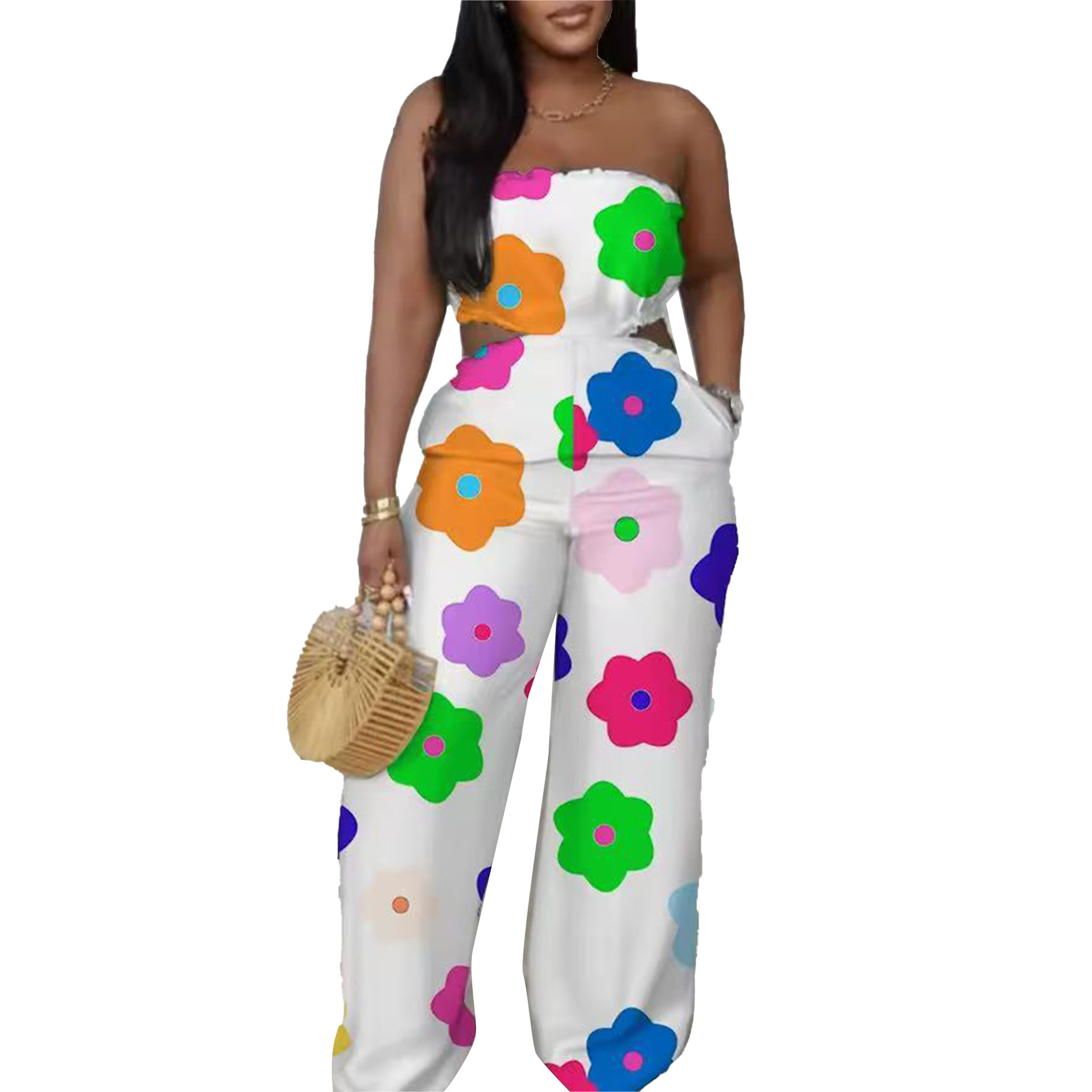 Elegant Strapless Printed Jumpsuit For Women Wide Leg Bottoms Casual Summer Polyester Thin Comfortable_ecoleips.com