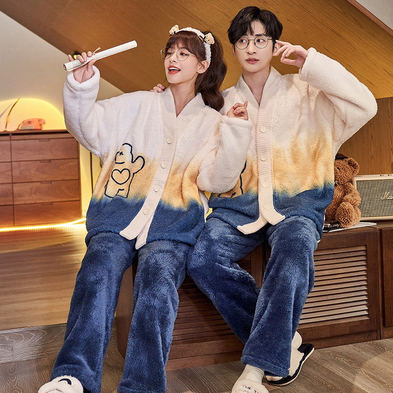 Coral polar pareja pijamas de invierno de las mujeres de manga larga kimono japonés con cuello en V estilo coreano de dibujos animados lindo traje de homewear de los hombres