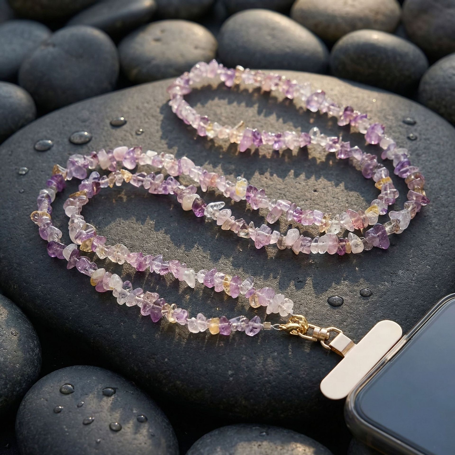 Amethyst and citrine mobile phone lanyard, crossbody strap, neck strap, amethyst and citrine mobile phone chain, beaded wrist chain.