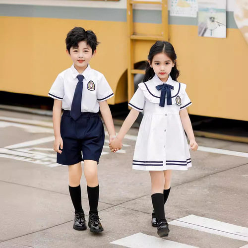Summer British-style choir performance uniform for primary school students, children's graduation photos, class uniform, white kindergarten children's clothing, cotton