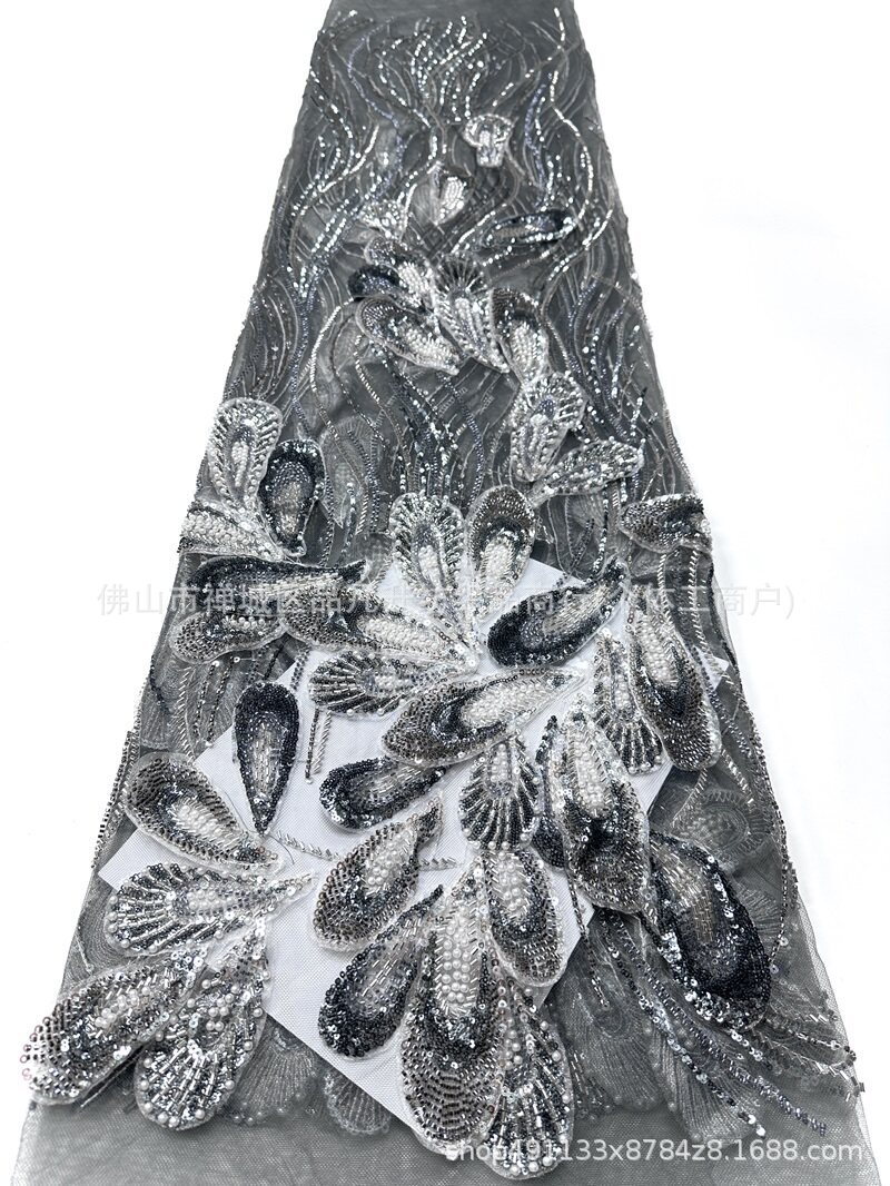 Peacock pluma bordada a mano tela de malla de perlas tamaño de perla pieza de tubo mezcla costura ligera de lujo banquete anfitrión vestido de tela image 11