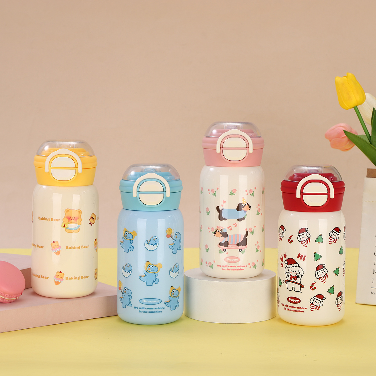 新款红色圣诞小狗卡通塑料水杯高颜值学生上学弹跳杯带吸管双饮杯