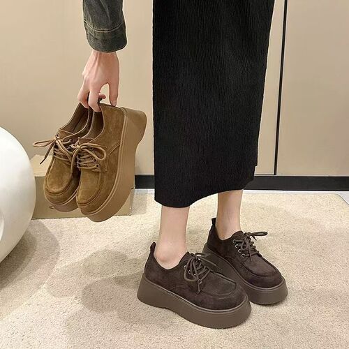 Spring New Trendy Bestselling Sanding Retro Loafers Thick Heel Mini Height Fashion Single Shoes