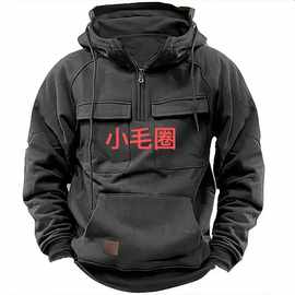 跨境秋冬新款男式连帽纯色卫衣欧美青年运动多口袋贴皮卫衣外套