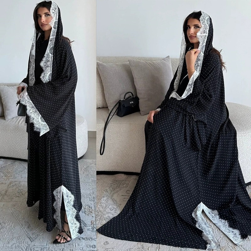 LN259 2026 Summer New Trendy Fashion Sweet Lace Polka Dot Print Robe Cardigan with Headscarf