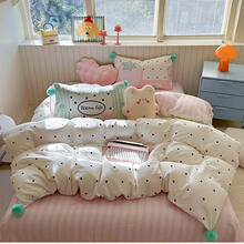 母婴级粉色少女毛球球双层纱蝴蝶结波点纯棉四件套1.5m1.8米全棉