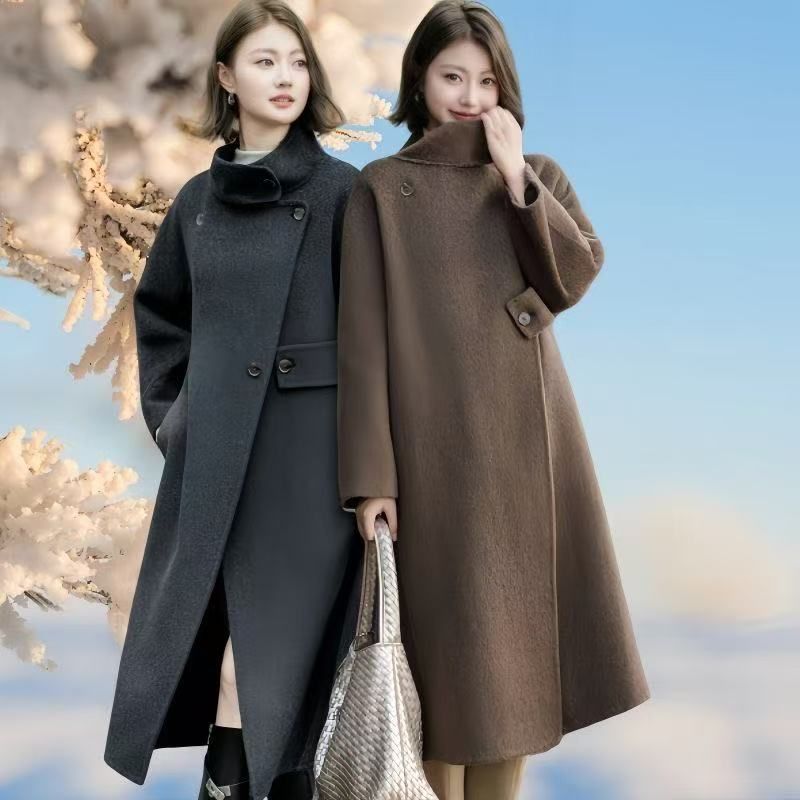 Autumn and Winter Maillard Retro Elegant Fashionable Loose Stand-Up Collar Double-Sided Woolen Outwear Mid-Length High-End Outwear for Women