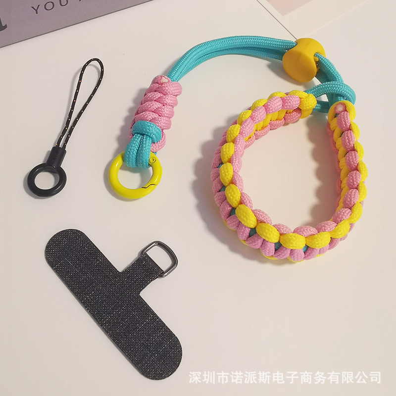 짧은 [노란색 분홍색] 조절 가능한 땋은 끈 + 짙은 회색 카드 스트립 + 작은 끈