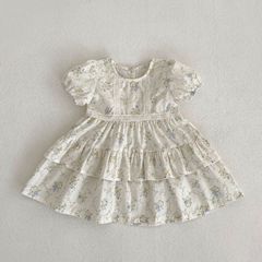 2024夏韓版女童蕾絲碎花公主裙泡泡袖蛋糕連衣裙嬰幼兒爬服姐妹裝