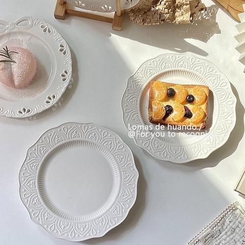 ins style french embossed pure white western plate cake plate dessert plate retro dish plate pasta steak plate