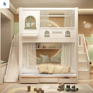 All Solid Wood Children's Bunk Bed with Separate Sleeping Areas, High Guardrail Treehouse Style, High and Low Bunk Bed with Parent-Child Bed