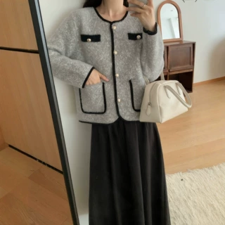 秋冬新款小清新针织毛衣女休闲口袋名媛气质新款法式针织开衫外套