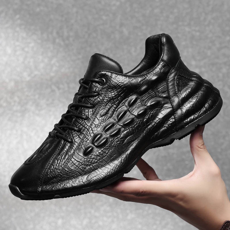 男鞋2025春季新款休闲鞋透气百搭内增高皮包底老爹鞋鳄鱼皮皮鞋男