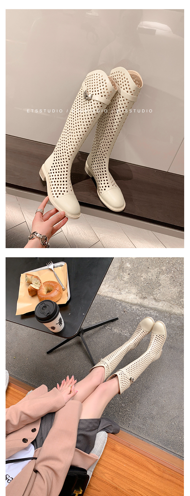Boot nữ cổ cao lỗ rỗng dây thắt lưng khóa — Màu đen chi tiết 24