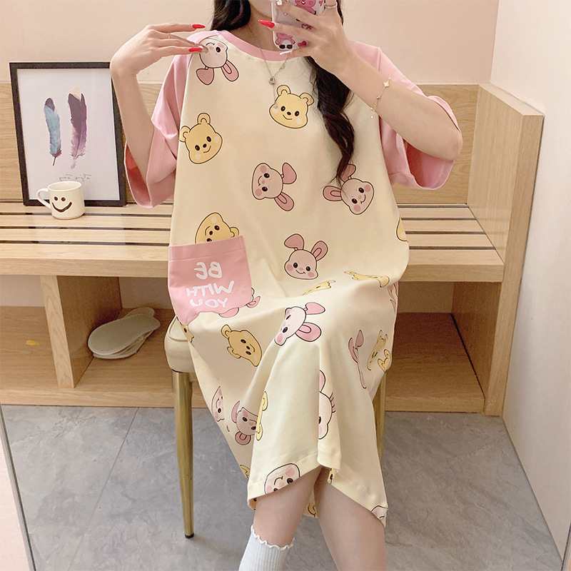 2024 verano ocio de dibujos animados pijama de mangas cortas de mujer bolsillo suelto ropa de casa 6535 fábrica de pijamas de algodón venta directa