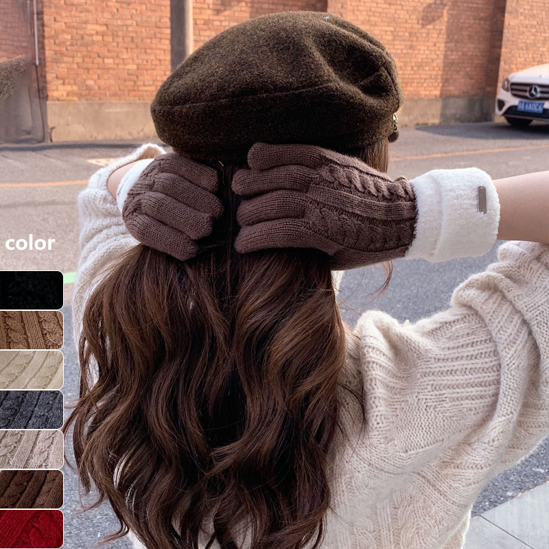 Guantes de lana de bordado clásico de ganado de punto de invierno para mujeres con un alto valor facial grueso guantes de dedo de pantalla táctil caliente