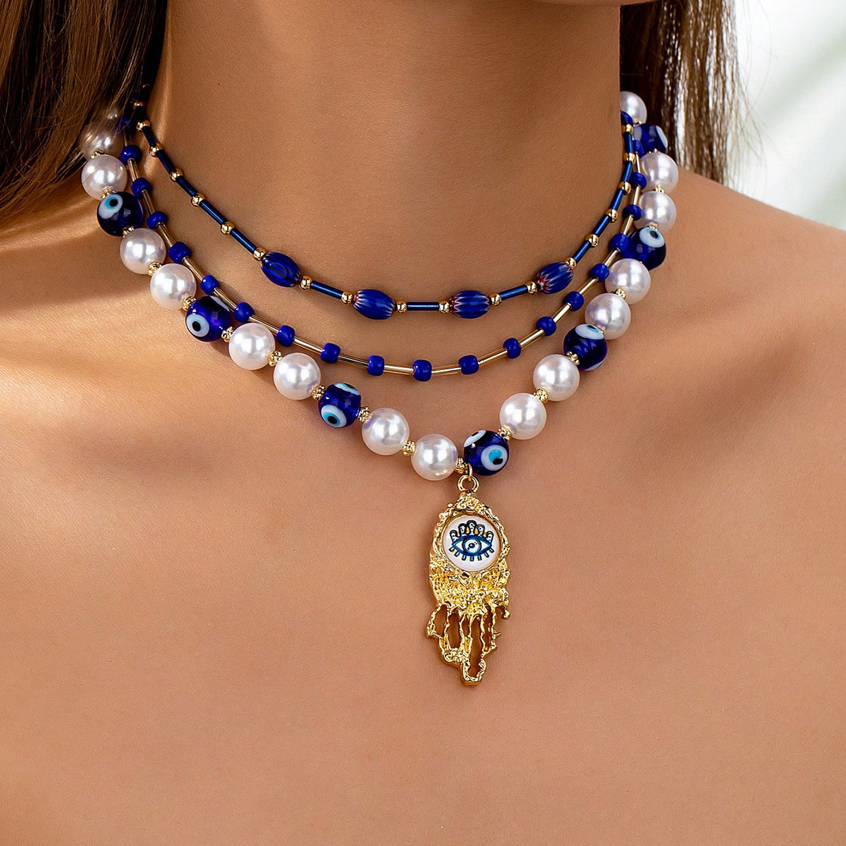 Pendant Necklace Classification Pearl Chain Material IG Style Retro Devil's Eye Zinc Alloy Beaded Chain Lobster Trigger Clasp Closure Beaded Necklaces Wholesale
