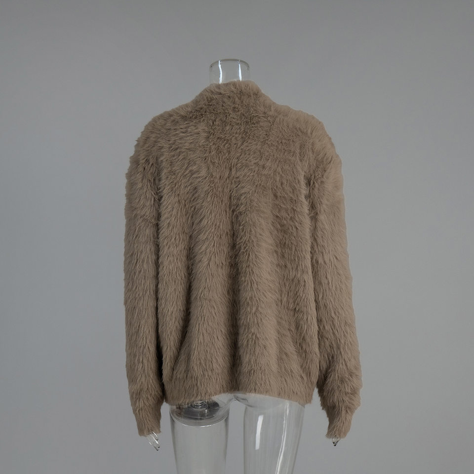 Áo cardigan len dệt kim giả lông chồn cổ V tay dài form rộng nữ — Màu hồng, Màu kaki, Màu trắng, Màu xám nhạt chi tiết 5