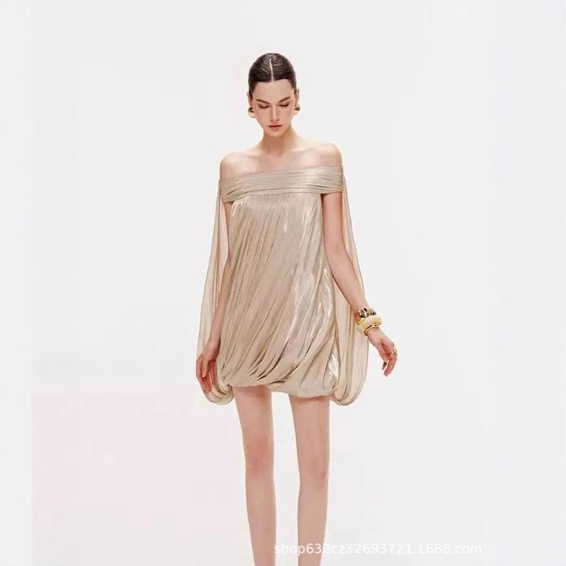 French-Style High-End Off-Shoulder Strapless Dress for Women, New Autumn and Winter Elegant Socialite Waist-Slimming Ruched Short Dress