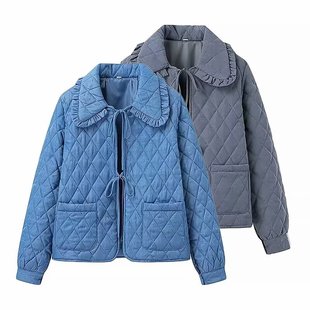 Cross-border Women's 2024 Autumn and Winter New 2024 European and American Fashion Lapel Diamond Plaid Light Cotton-padded Jacket Women's Coat