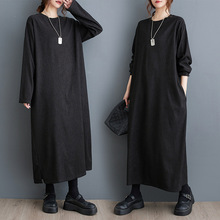 实拍 日系简约基础款长袖连衣裙暗纹肌理慵懒休闲长裙宽松显瘦裙