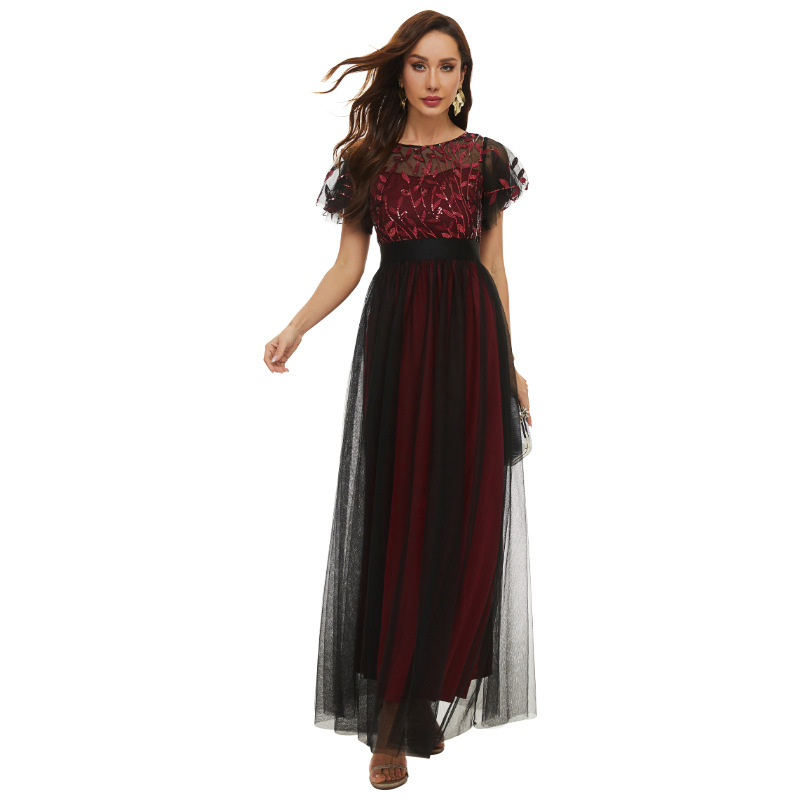 Vestido de lentejuelas manga corta cuello redondo pettiskirt vestido de noche cintura alta elegante dama de honor brindis vestido banquete ropa 115