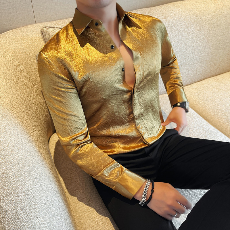 Autumn New High-Quality Men's Long-Sleeved Shirt Acetate Pleated Fabric Light and Comfortable High-End Men's Shirt