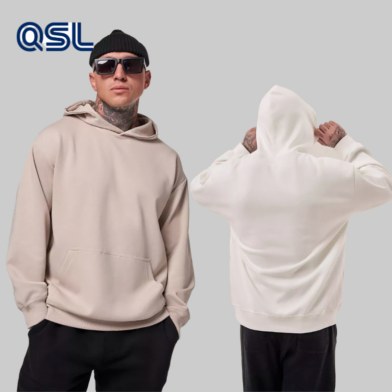 2025 가을, 겨울 헤비급 380G 테리 솔리드 컬러 후드 티셔츠 남성 유럽 버전 루즈한 중간 길이 오프 숄더 퓨어 코튼 탑