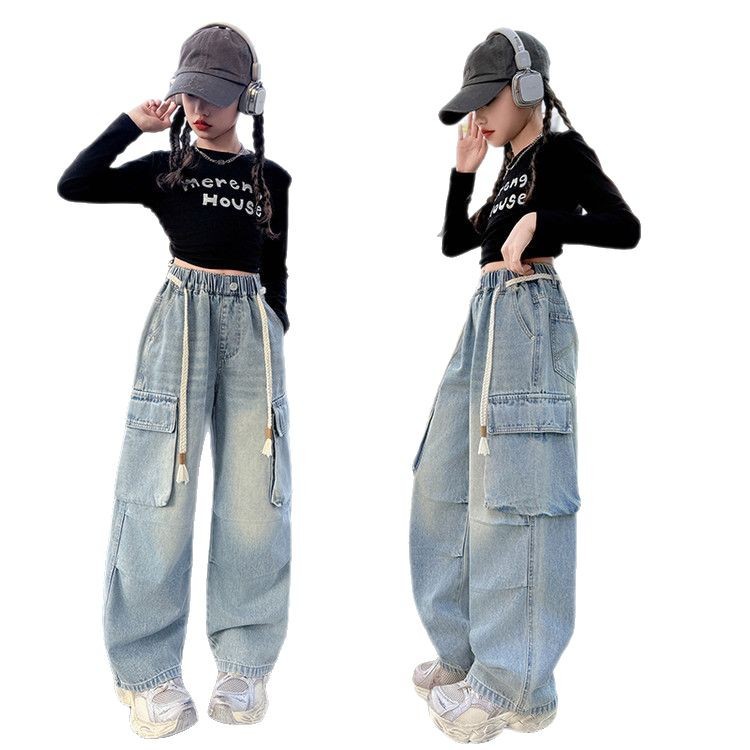 Mädchen-Stretch-Jeans für Kinder – Bequeme und stylische Hose mit hoher Taille und weitem Bein und elastischem Bund, modischer Stoff aus weicher Baumwollmischung_voghion.com